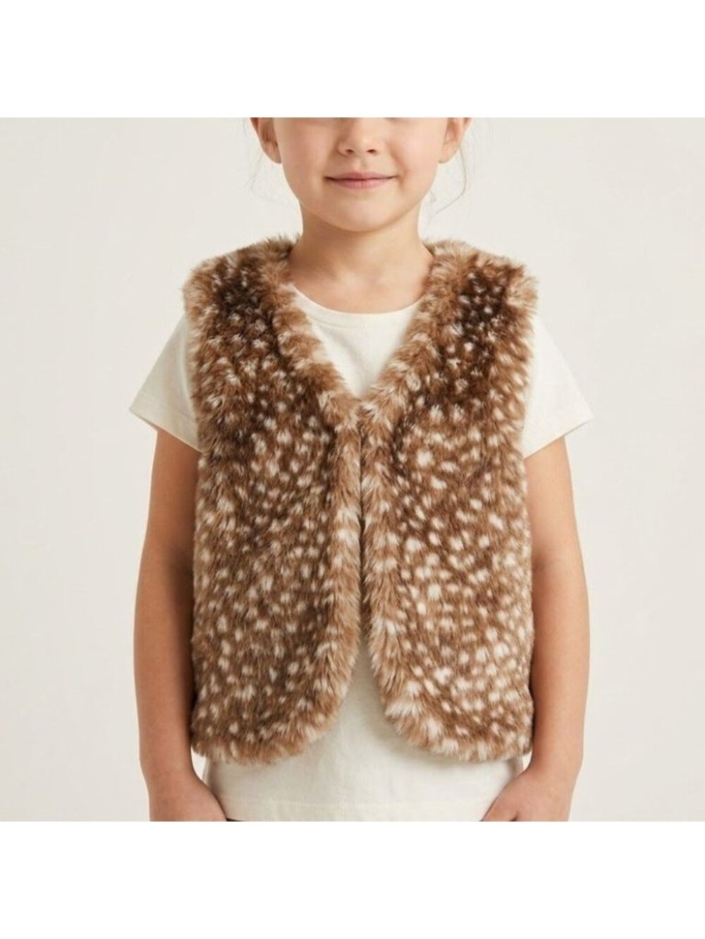 Hanna Andersson Girls Size 110 US 5 Brown Animal Print Faux Fur Open Front Vest